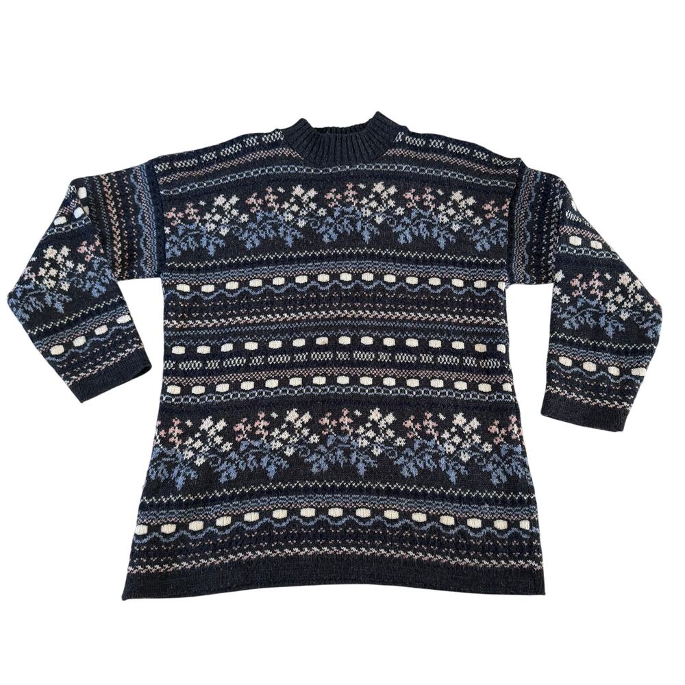 Vtg Y2K 2000s Grey Floral Faire Isle Pullover Sweater Sz L Cottagecore